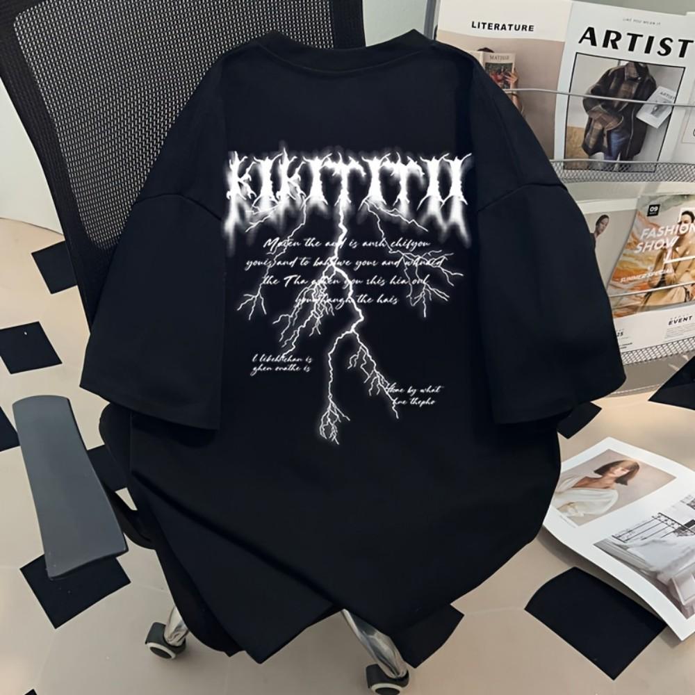 

American fashion summer new mens lightning letter print breathable and comfortable round neck Tshirt outdoor urban casual top 4XL