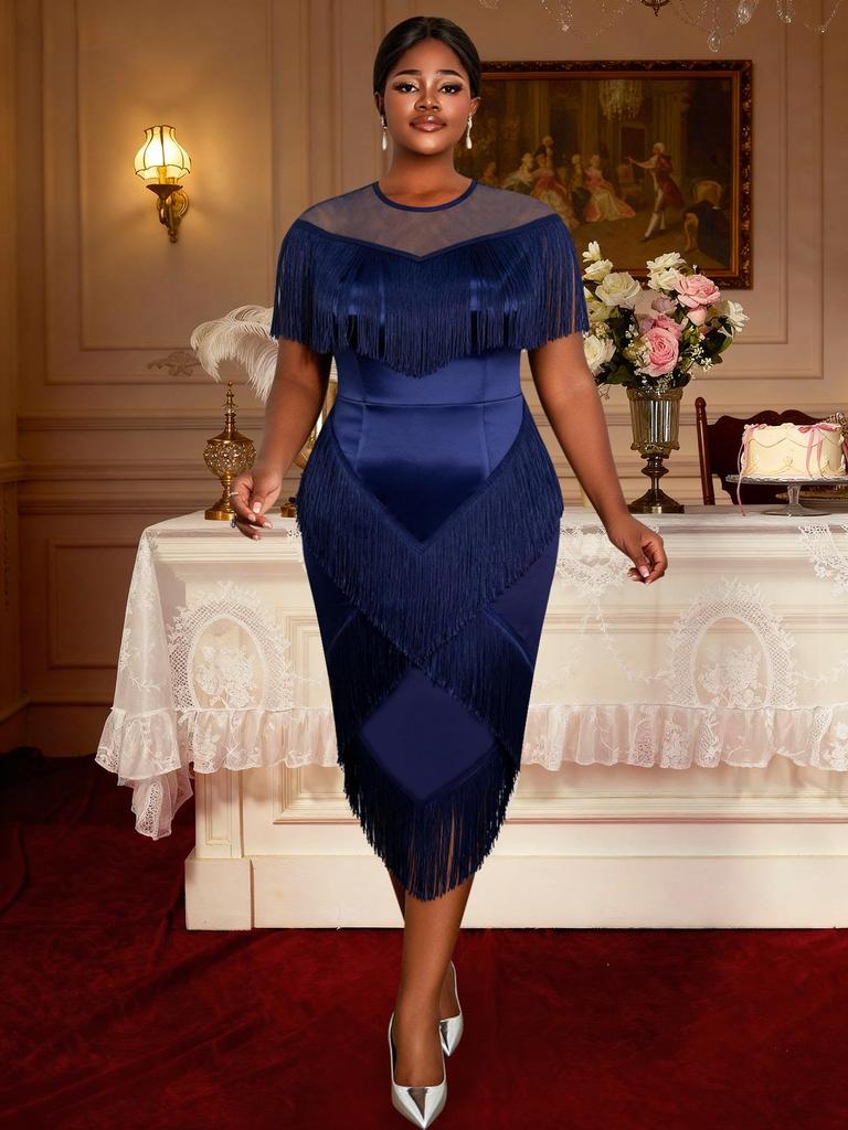 Plus Size European & American Sheer Tassel Evening Gown