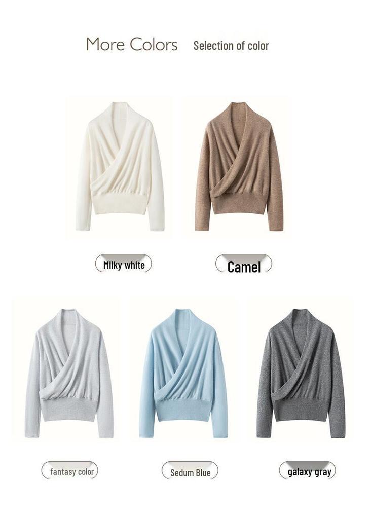 Velvet Cashmere Silk Women's Cross V-neck Sweater with Waist-cinching Knit 