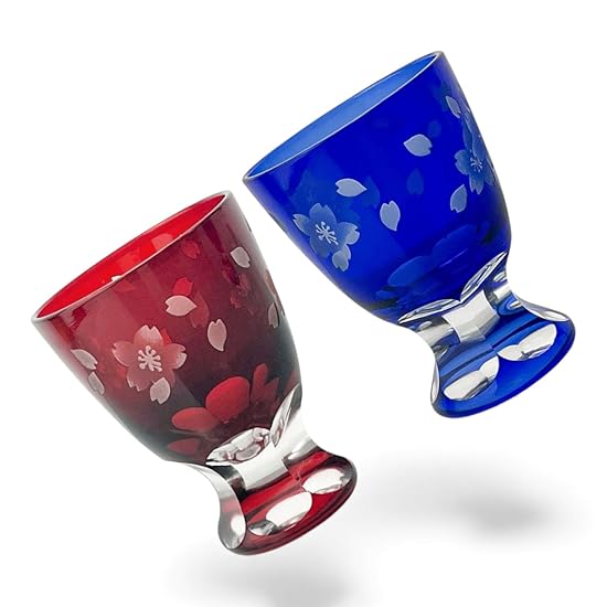 Takumibifu Dinner Luxe Kiriko Glass Cup Pair Sake Cup 59xH80mm 80cc Sakura Red & Blue Koga PNO.3320