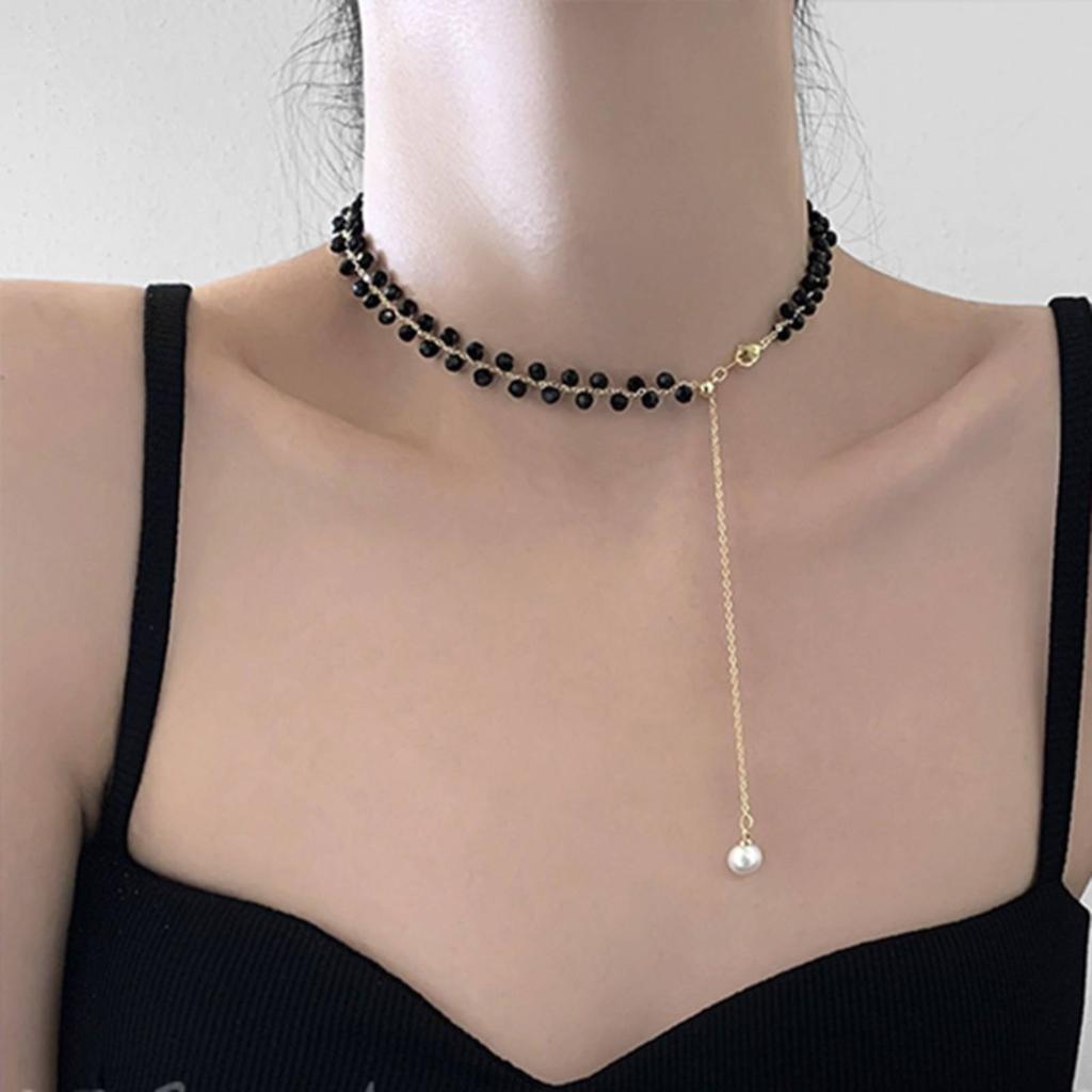 Fashion Black Crystal Necklace for Women Girls Stainless Steel Jewelry Accessories Party Gift