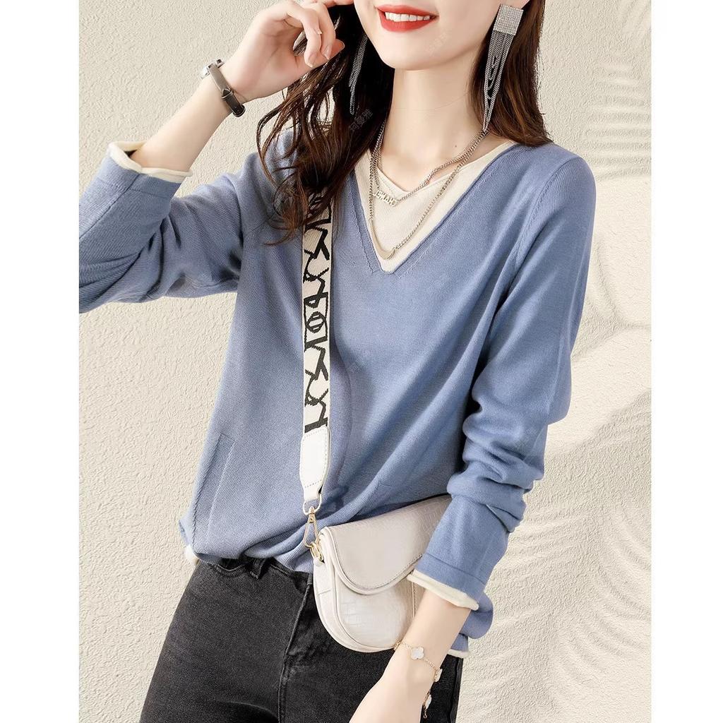 Damen Temperament Kollision Locker V-Ausschnitt Unterziehshirt Frühling und Herbst Langarm Strickshirt