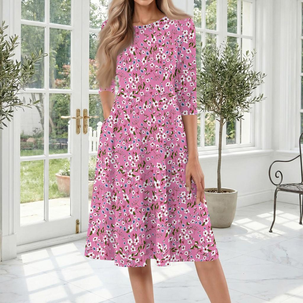 Women's Casual Fashion Round Neck Three Quarter Sleeve Printed Midi Dress