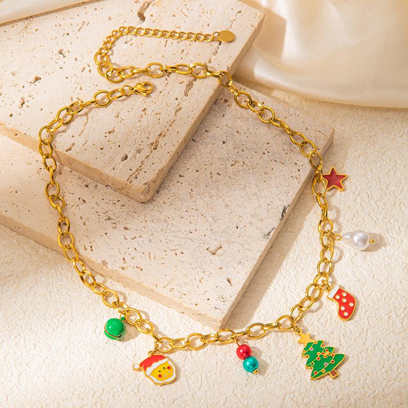 

High-End Stainless Steel Sleigh & Reindeer Pendant Necklace for Christmas Parties