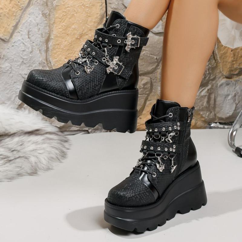 New Thick-soled Women's Boots, Wedge Heels, Belt Buckle Ankle Boots, Women's Shoes