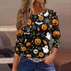 Women 3/4 Sleeve Casual Shirt Loose Fit Round Neck Halloween Print T Shirt Comfortable Lightweight Top for Everyday Wear
