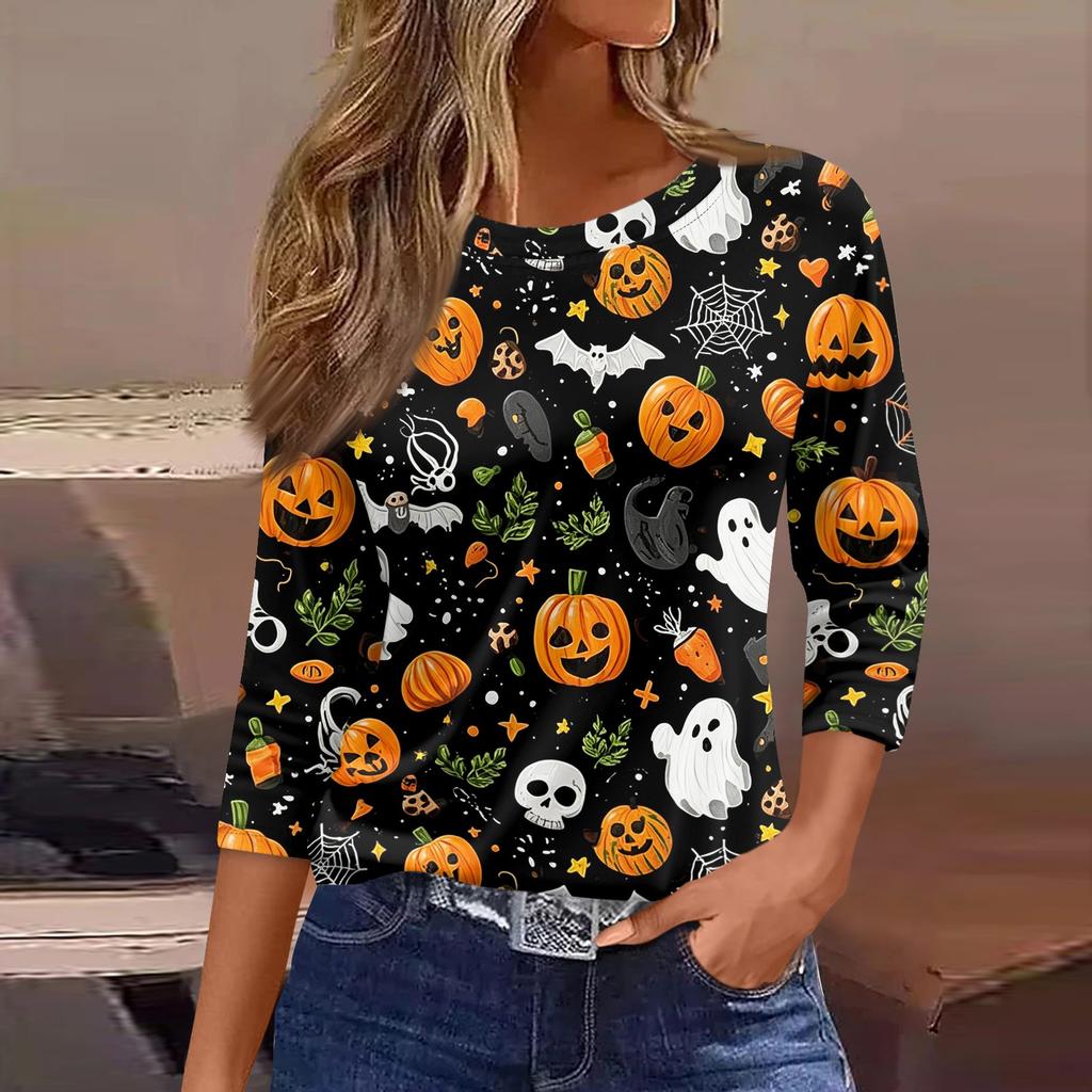Women 3/4 Sleeve Casual Shirt Loose Fit Round Neck Halloween Print T Shirt Comfortable Lightweight Top for Everyday Wear