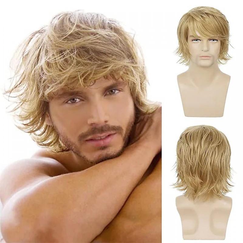 Mens Short Curly Wig With Side Swept Bangs Golden Color 12 Inch Synthetic Hairpiece Daily Wear