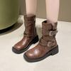Colored pu leather British style short boots~ New square head thick sole belt buckle side zipper thick heel middle heel knight boots women