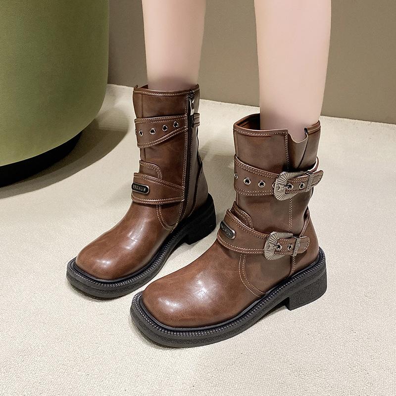 Colored pu leather British style short boots~ New square head thick sole belt buckle side zipper thick heel middle heel knight boots women