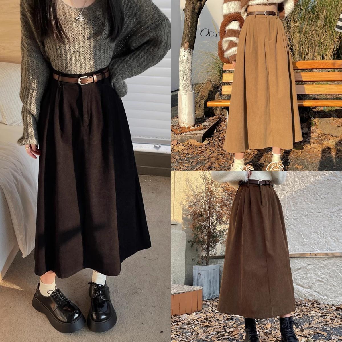 

Винтажная вельветовая юбка миди с поясом, женская плиссированная юбка А-силуэта с высокой талией, уличная одежда на осень-зиму, повседневная корейская универсальная юбка S чёрный