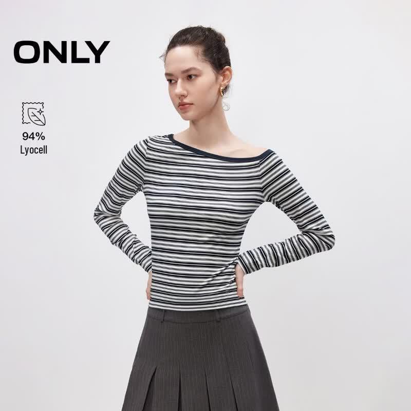 ONLY Women s Striped Lyocell Blend One-Shoulder T-Shirt S