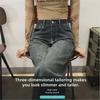 Women's Cement Gray High-Waist Wide-Leg Jeans - Plus Velvet, Slim, Loose, Drapey, Small Size for Autumn/Winter.