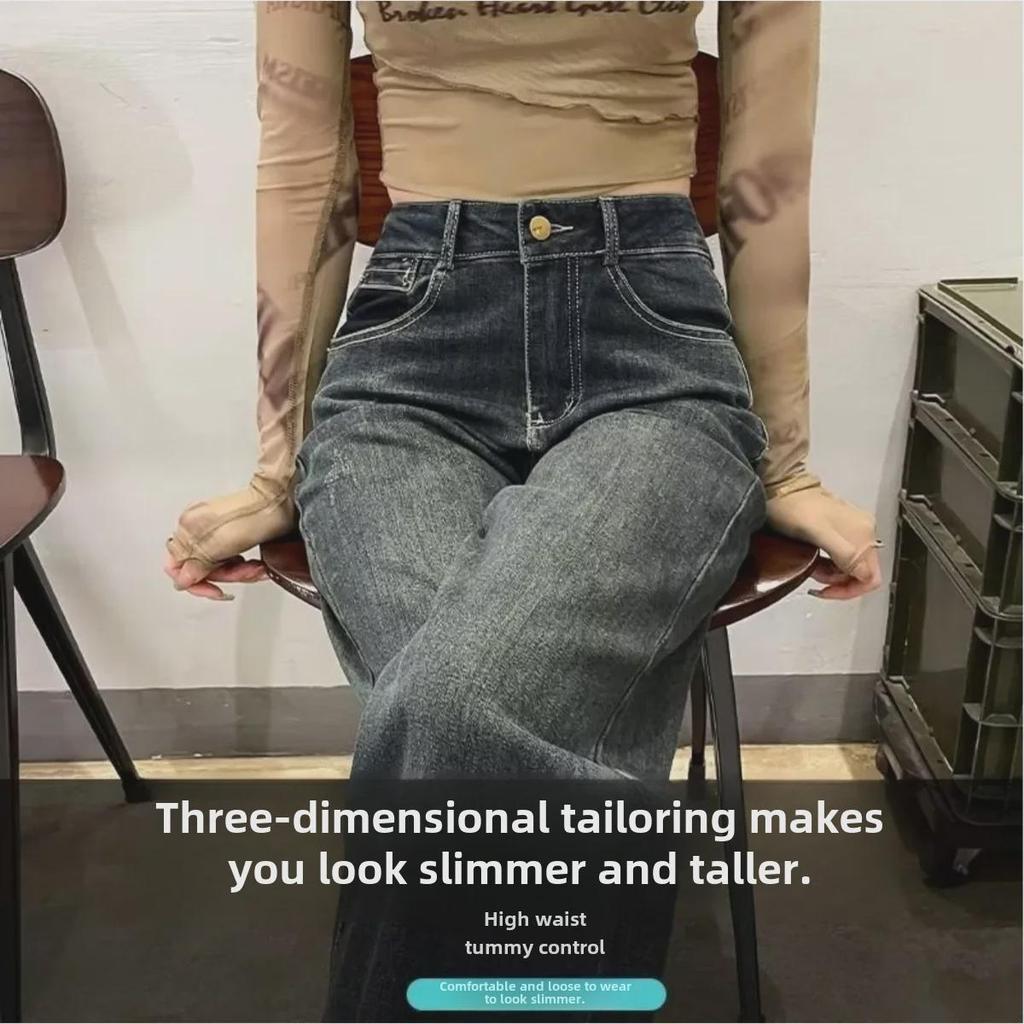 Women's Cement Gray High-Waist Wide-Leg Jeans - Plus Velvet, Slim, Loose, Drapey, Small Size for Autumn/Winter.