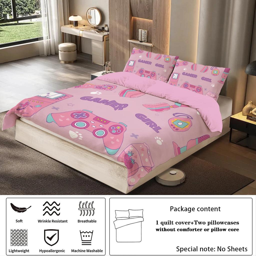 3-teiliges Set Jugendliches Cooles Gamer-Muster Bedrucktes Bettwäscheset für das Bett von Teenager-Mädchen Party Lustiges und Kreatives Bettwäscheset