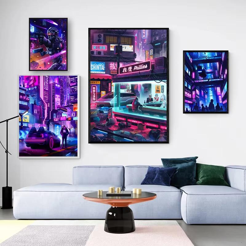 Future Cyberpunk City Poster Punk Style Night City Street Scenery Canvas Wall Picture for Living Room Decor Cuadro