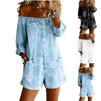 Damenmode Retro schulterfrei langärmlig locker Denim gewaschen Jumpsuit Shorts