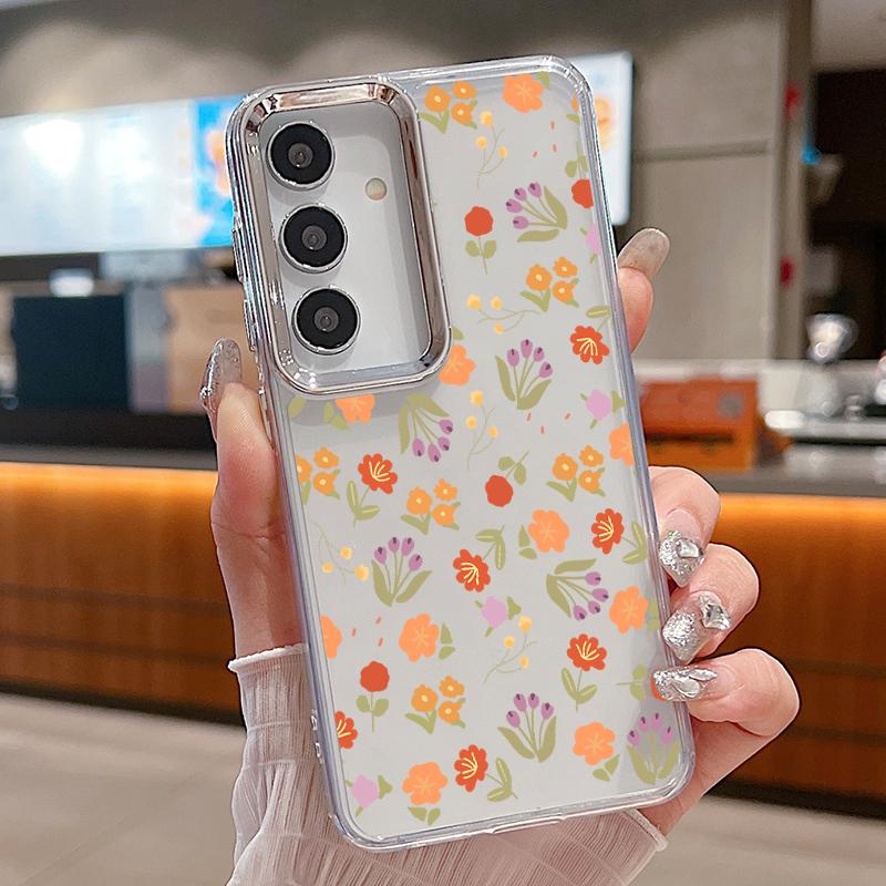 White Flower Pattern Case For Samsung S26 S25 Ultra S24 FE S23 Plus S22 S21 A15 A16 A17 A35 A36 A37 A54 A55 A56 A57 5G Plating Lens Soft Cover