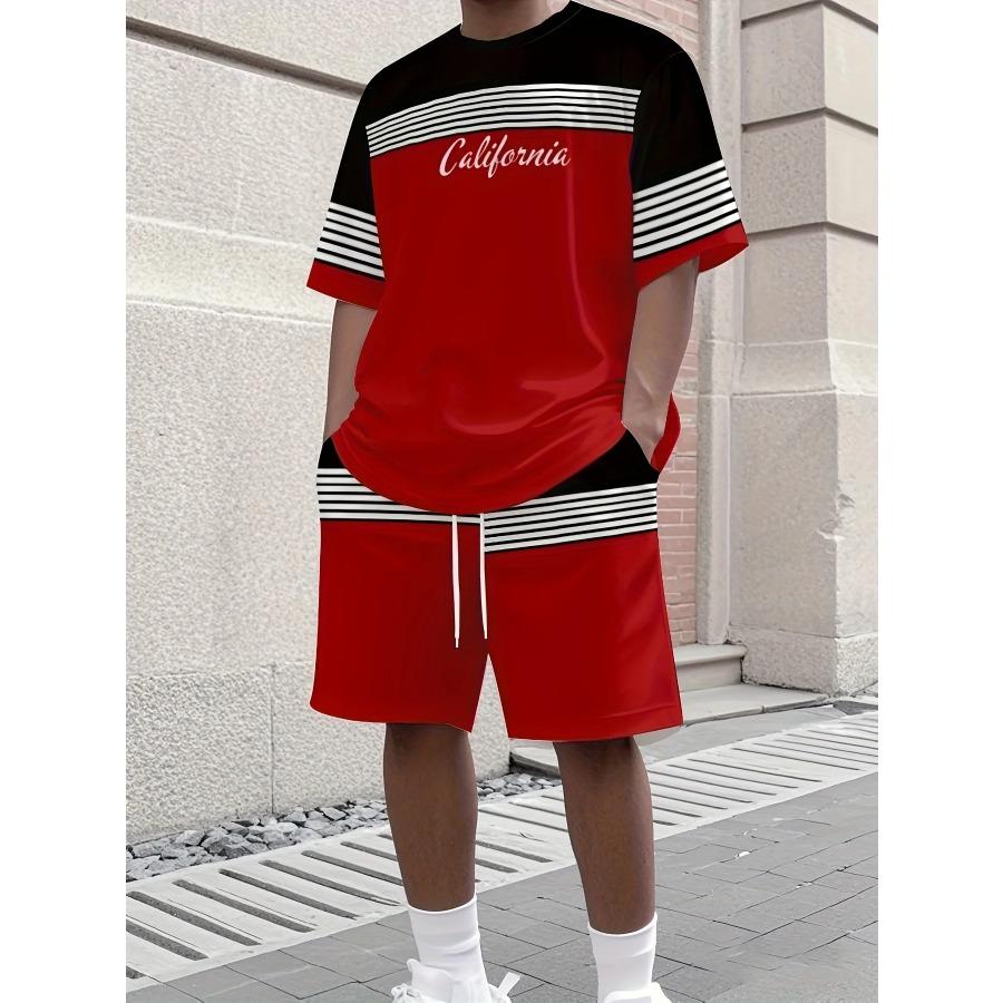 Summer Solid-Color T-Shirt and Shorts Set Letter Print Short-Sleeve Top with Drawstring Shorts Streetwear Men Fashion Sportswear
