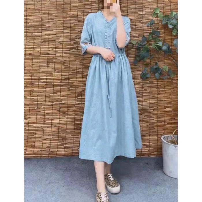 Retro Ethnic Embroidered Cotton Jacquard Midi Dress - Slim Fit, Cinched Waist, Trendy Summer Style
