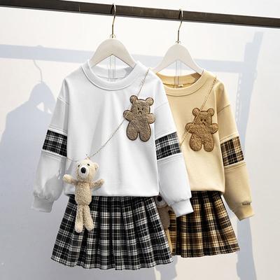 Girls Spring and Fall Long Sleeve Set Baseball Shirt + Pleated Skirt Two Piece Set