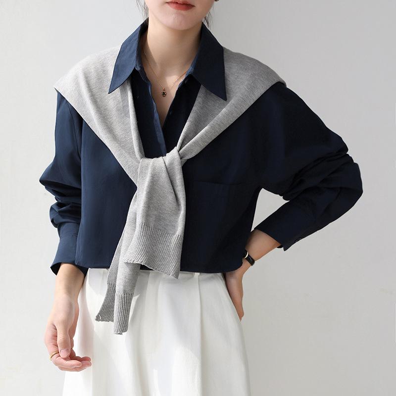 2026 Retro Korean Style Dark Blue Sun Protection Long Sleeve Shirt - Women's Slimming, Loose Fit, Simple Fashion.