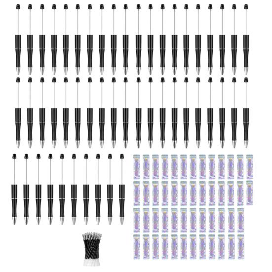 

150Pcs/Set Plastic Beadable Pens Bulk Bead Ballpoint Pens Black Ink Beaded Pens with Refills Sealed Bag for DIY Making Kids Students Gift чорний