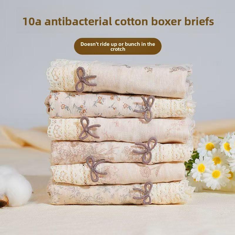Ladies Spring and Autumn Lace Cotton 10A Antibacterial Cotton Long Crotch Waist Flat Angle Briefs