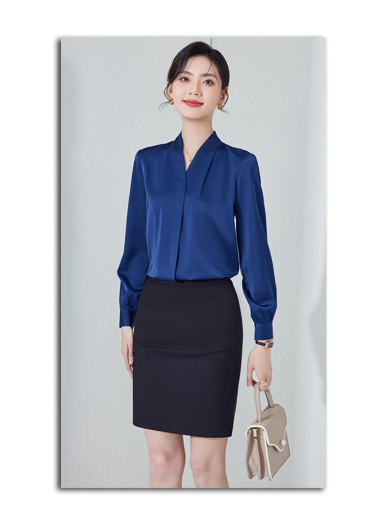 Black V-Neck Long Sleeve Women's Shirt - Petite Professional Interview Wear for Spring and Autumn
