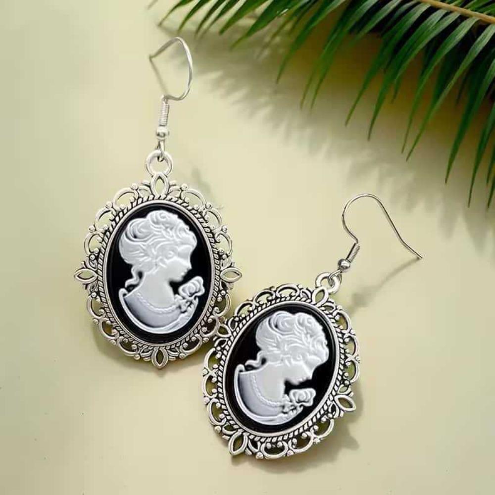 Boucles d'oreilles pendantes Ovales Filigranées Camée Portrait Vintage Noir Blanc Dame Victorienne Boucles d'oreilles pendantes pour Femmes Bijoux Gothiques Cadeaux