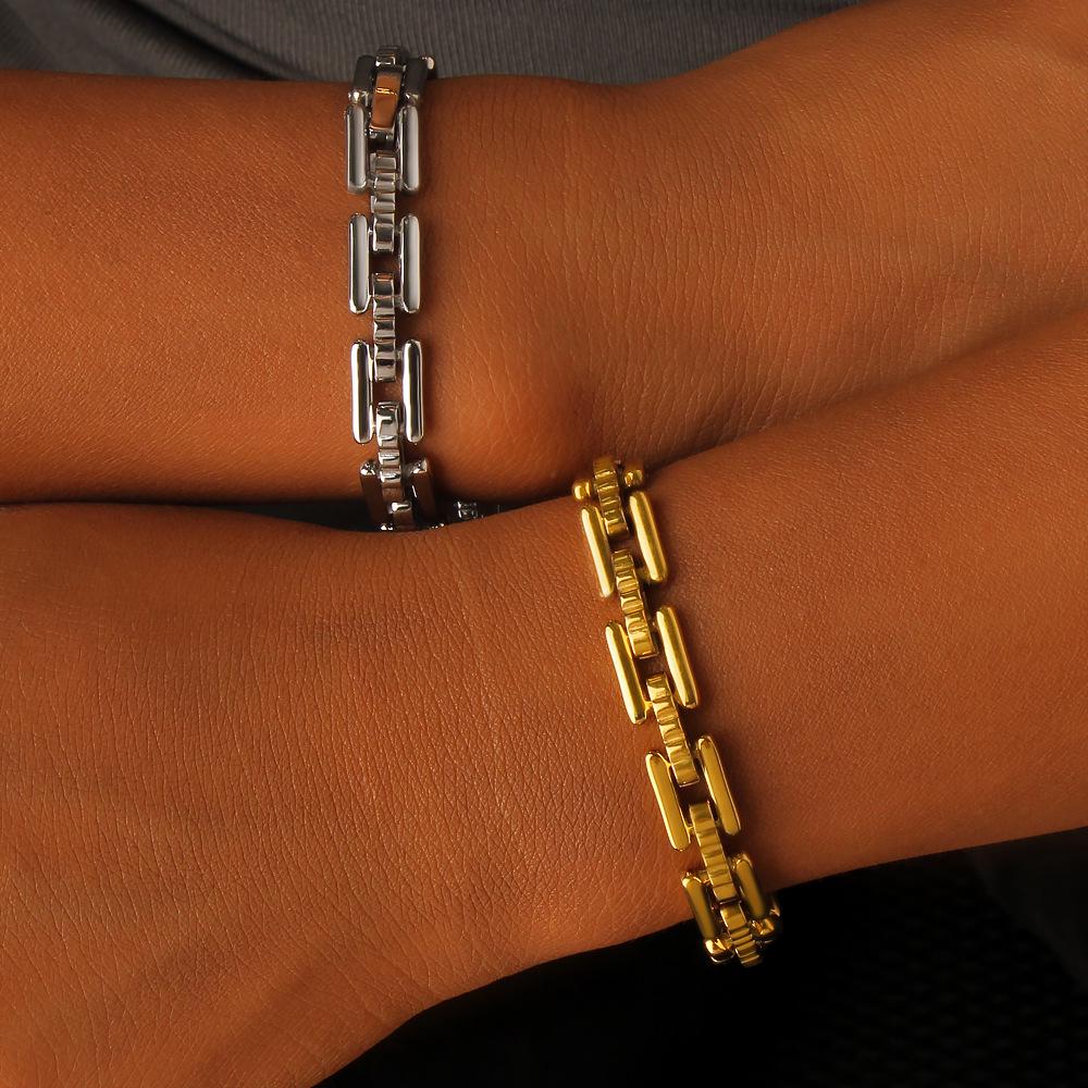 European Style 18K Gold Titanium Steel Square Link Necklace & Bracelet Set