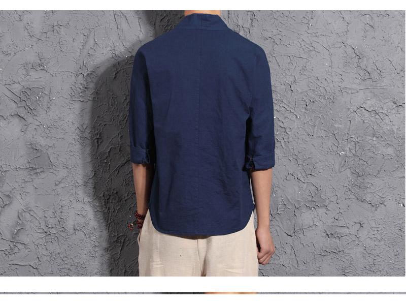 Men's Chinese Cotton-Linen V-Neck Retro Hanfu T-Shirt, Summer Three-Quarter Sleeve, Loose Plus Size