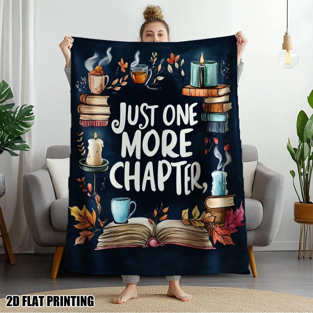 Autumn Book & Candle Fleece Blanket "Just One More Chapter" Literary Throw Blanket Soft Cozy for Fall Reading Nooks & Home Decor