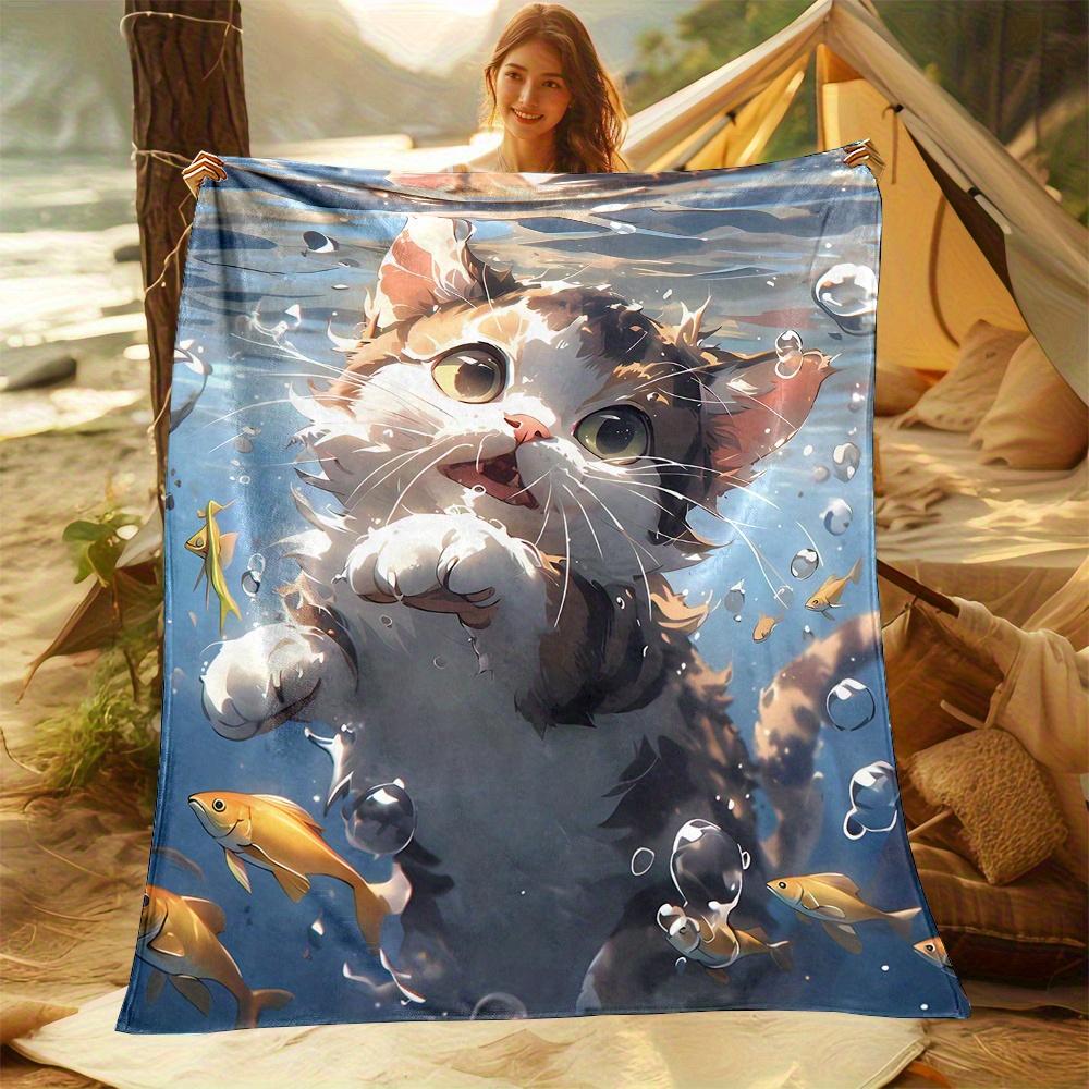 Cozy Ocean Theme Cat Fish Pattern Print Flannel Blanket - Lightweight, Soft, Warm Blanket for Sofa, Bed, Travel, Camping