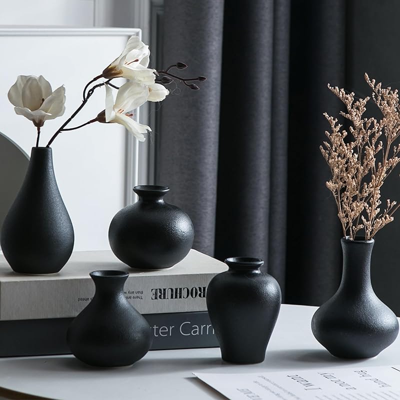 Small White Vases, Ceramic Bud Vase Set of 5, Mini Pottery Vases for Pampas Grass, Flowers, Decorative Vases for Home Modern Decor, Rustic Decor, Black Set of 5