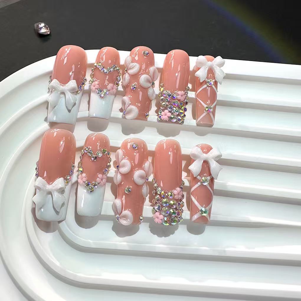 10pcs Sweet Girl Handmade French Tip Nails With 3D Bows And Sparkling Rhinestones Hand Painted Carved Press On Nails
