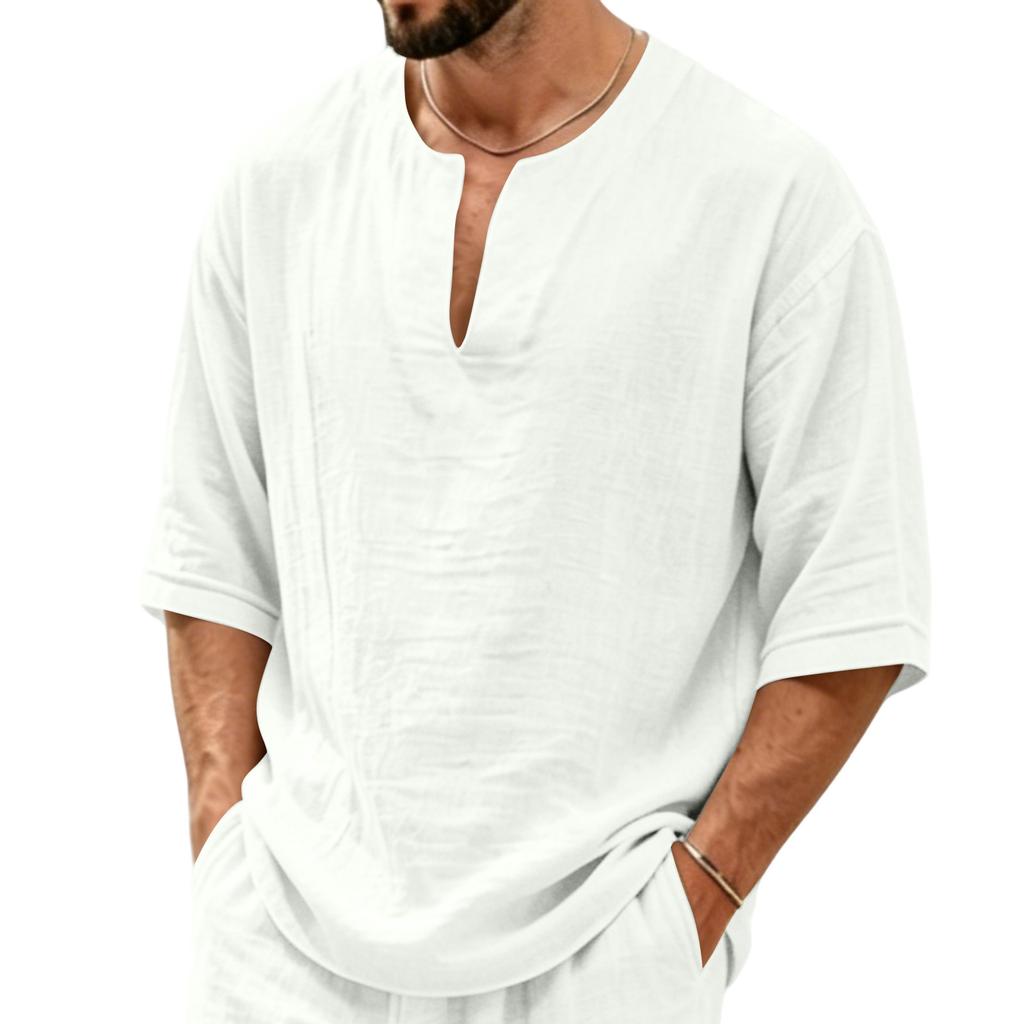 Camisa Casual de Lino para Hombre, Cuello en V, Manga Media, Corte Holgado, Tejido Ligero y Transpirable, Top de Verano