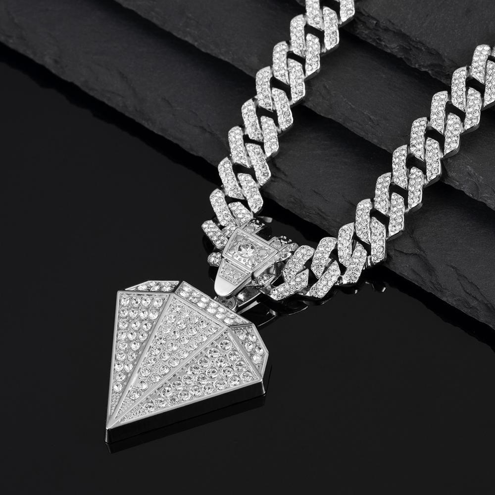 Hip Hop Tapered Pendant Necklace with 14mm Cuban Chain Diamond Shape Pendants Necklaces Fashion Charm Jewelry,For Men And Women