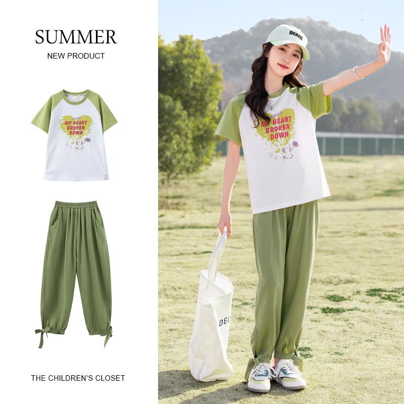 Summer Big Children's Casual Suit Knitted Short-sleeved Girls' Pants Suit