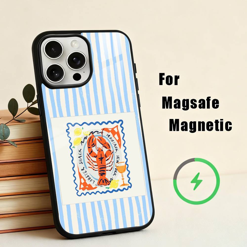 L-Lobster On S-Stripes Ocean  Phone Case For iPhone17,16,15,14,13,12,11 Plus,Pro Max Magnetic For Magsafe Wireless Charging