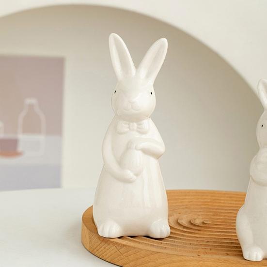 Easter Holding Egg Rabbit Figurine Ceramics Bow Tie Bunny Statue Sculpture Spring Easter Holiday Party