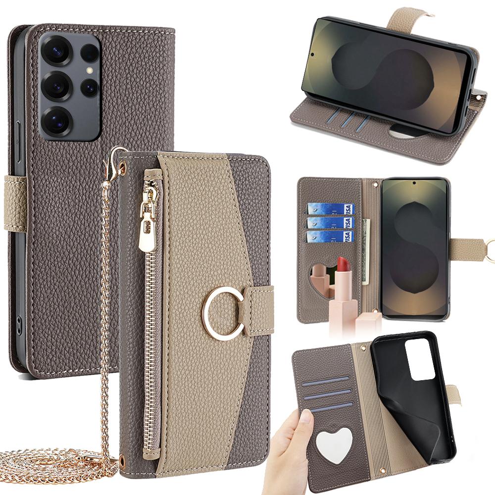 For Samsung Galaxy S25 Ultra Case Mirror Wallet Leather Phone Cover with Chain Shoulder Strap
