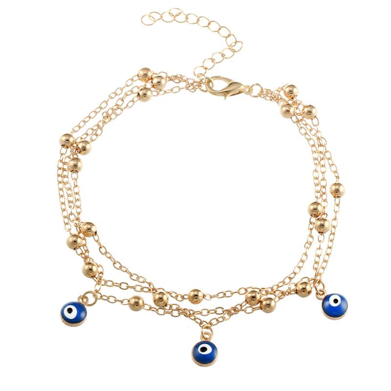 Women Multi-layered Beaded Anklet Blue Eye Pendant Jewelry
