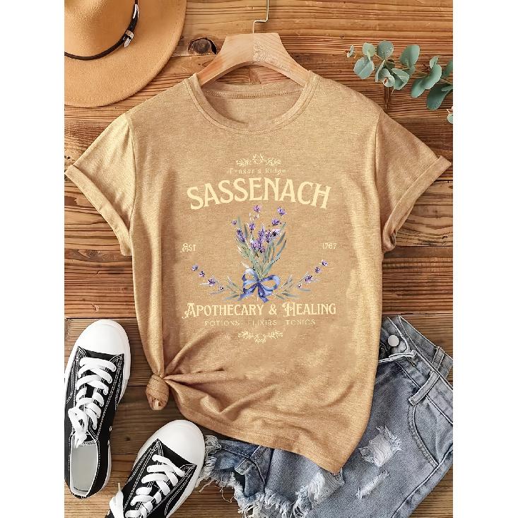 Elegant short-sleeved dress for women SNACH Printed round Neck Comfortable, soft, and breathable new model Fashionable, simple, retro, fresh, S хаки