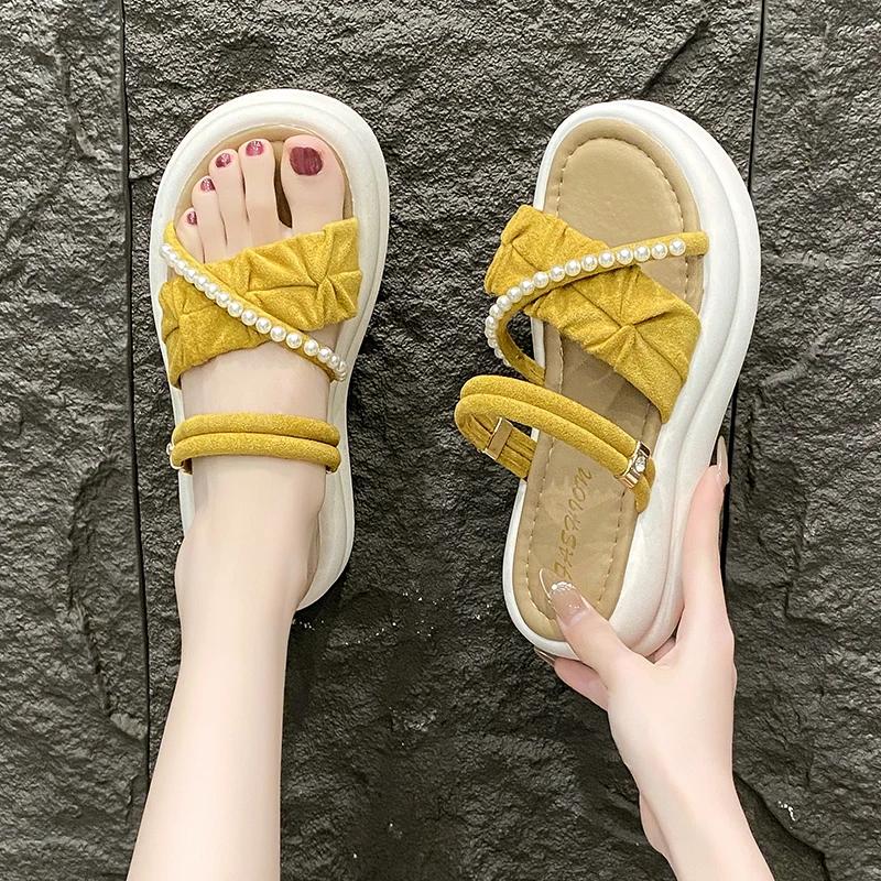

Fashion French Style Cross Pearl Platform Slides for Women New Pleated Thick Soled Sandals Woman Summer 2025 Non Slip Slippers Mujer 40 жёлтый