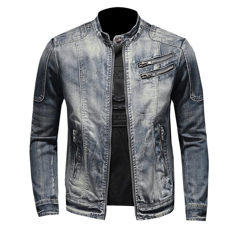 Новая мода Slim Fit Мужская стоячая молния Harley Мотоциклетная джинсовая куртка Мужское пальто M