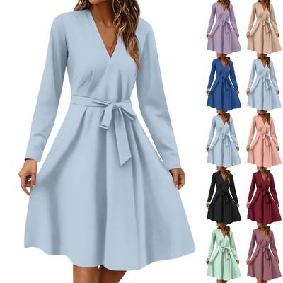 Women's Fashion Casual V-Neck Long Sleeve Waist Floral Print Midi Dress