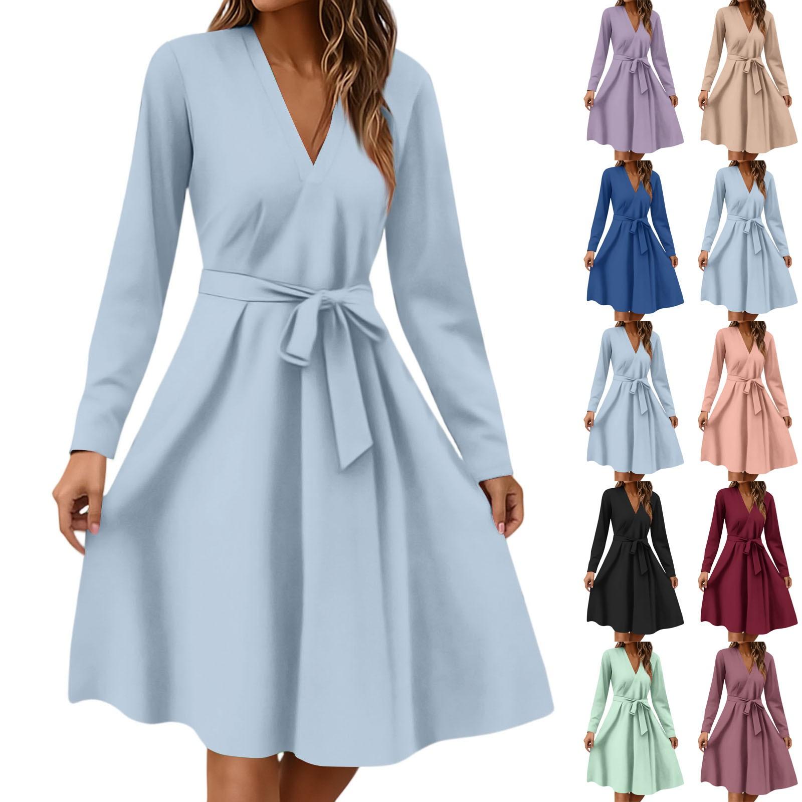 

Women s Fashion Casual V-Neck Long Sleeve Waist Floral Print Midi Dress L чорний