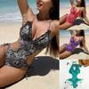 Women's Sexy One-Piece Swimsuit, Figure-Hugging Gathered Bust, Drawstring Cinched Back, Vintage Print, Plus Size Bathing Suit