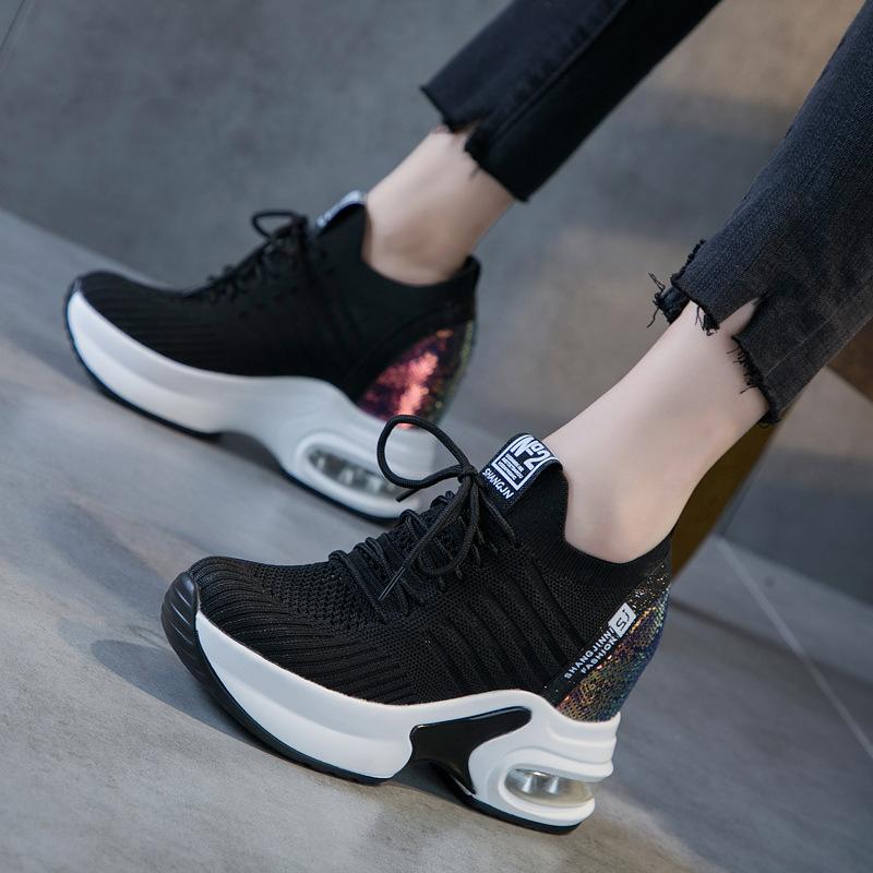 2025 Spring and Summer New Dad Shoes Women's Summer Breathable Mesh Shoes Casual Thick Sole Inner Height Increase Sequined White Shoes